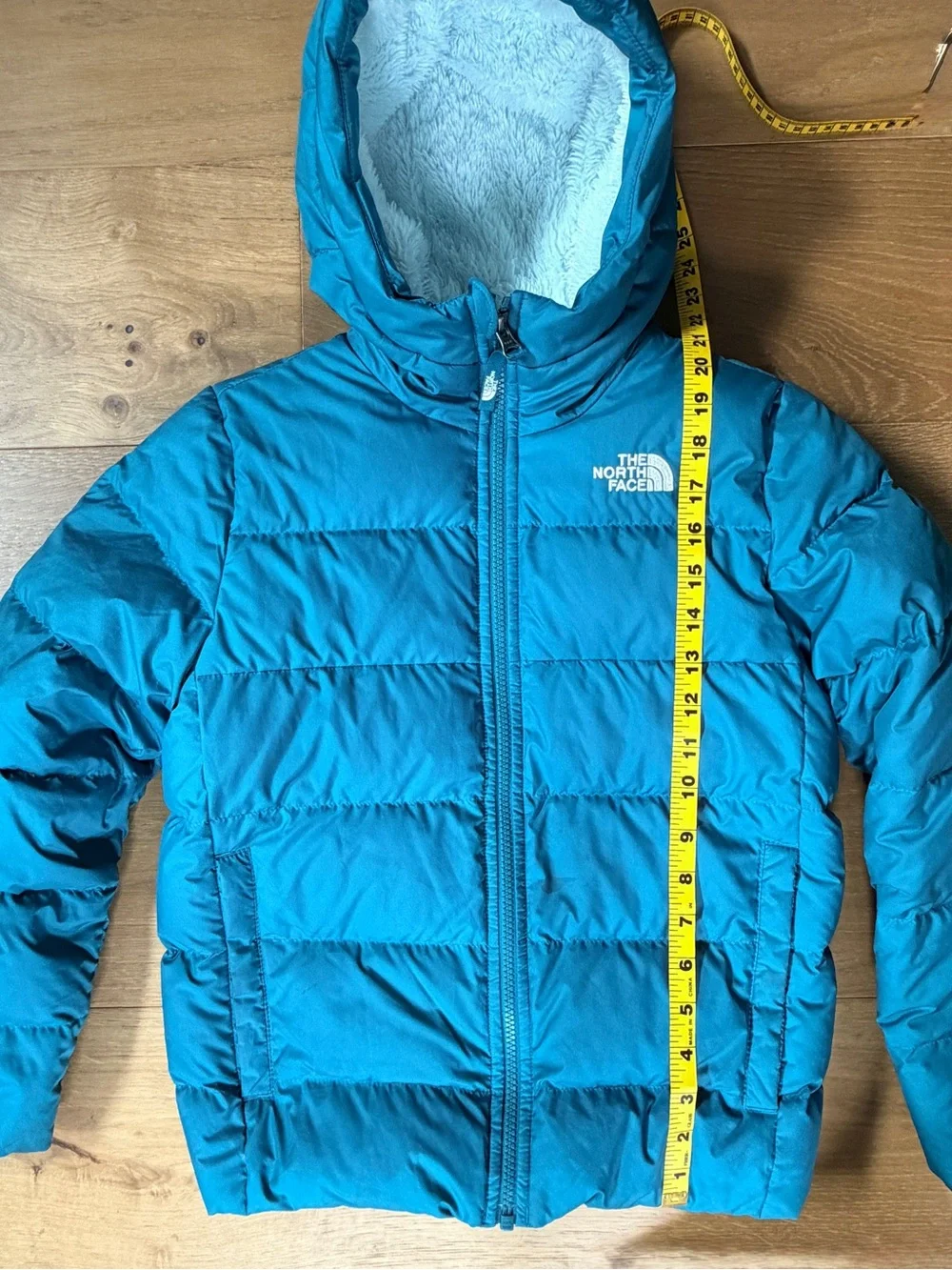 The North Face Youth 550 Down Fleece Lined Teal Blue Puffer Jacket Coat M 10/12
